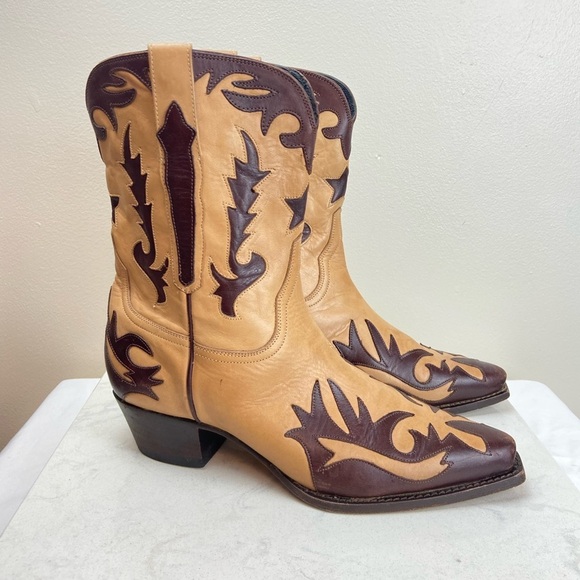 Vintage Charlie Horse by Lucchese Western Flame Two Tone Leather Cowboy Boots 8 - Picture 2 of 15